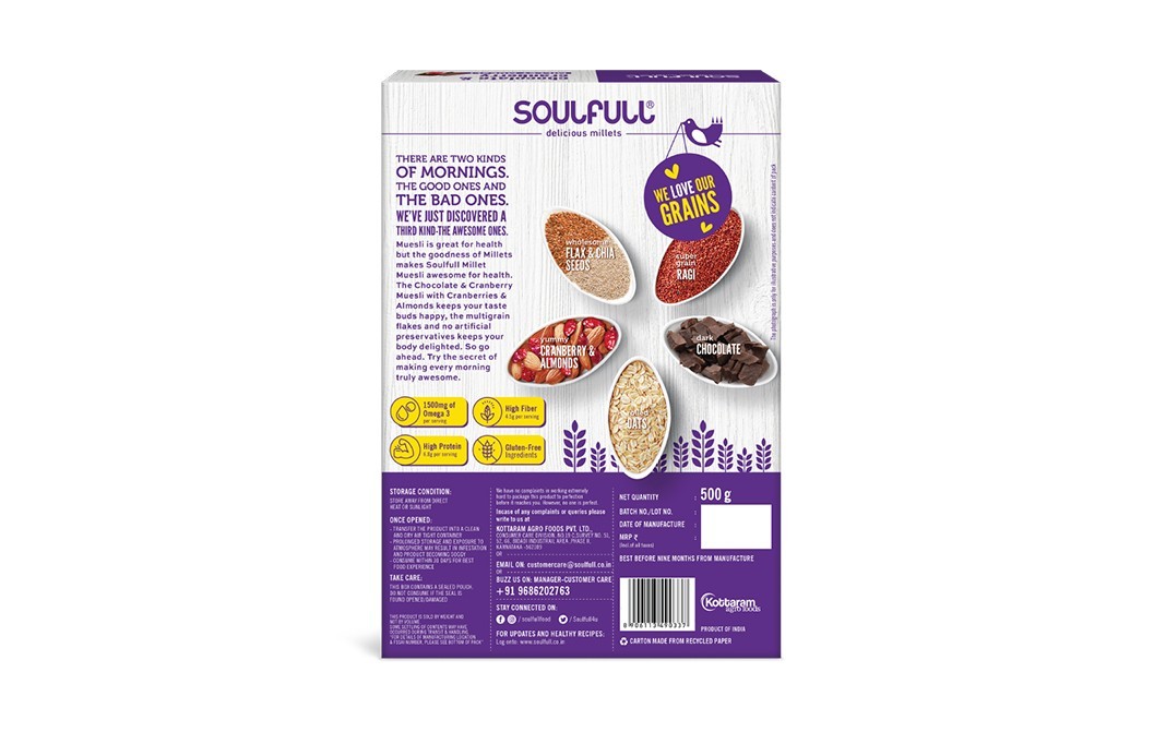 Soulfull Chocolate & Cranberry Millet Muesli Almond, Seeds & Cranberry Dark Chocolate   Box  500 grams
